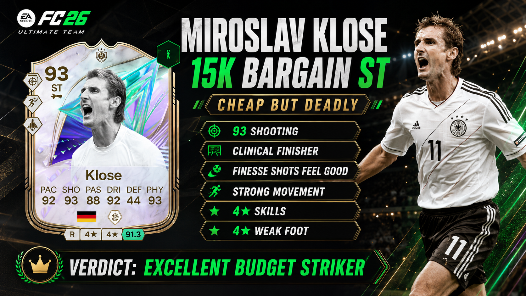 Miroslav Klose Greats of the Game card review in FC 26, showing him as a cheap striker option with strong finishing and 93 shooting.