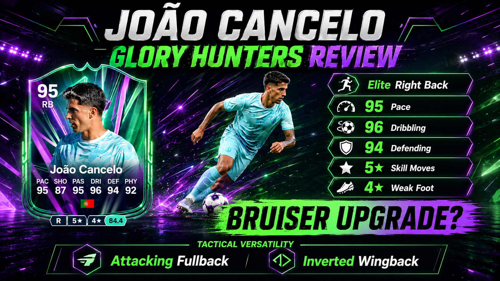 João Cancelo Glory Hunters card review in FC 26, showing him as one of the best right backs with 95 pace, 96 dribbling and 94 defending.