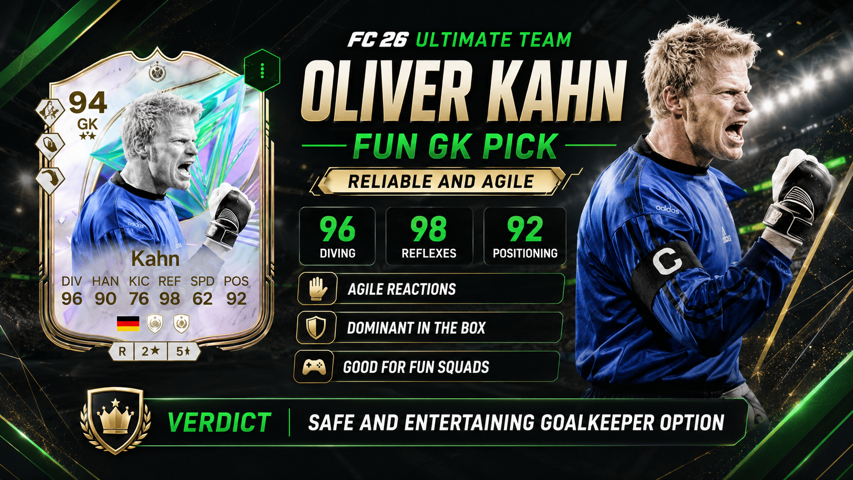 Oliver Kahn Greats of the Game goalkeeper review in FC 26, highlighting his reflexes, diving and reliable shot-stopping ability.