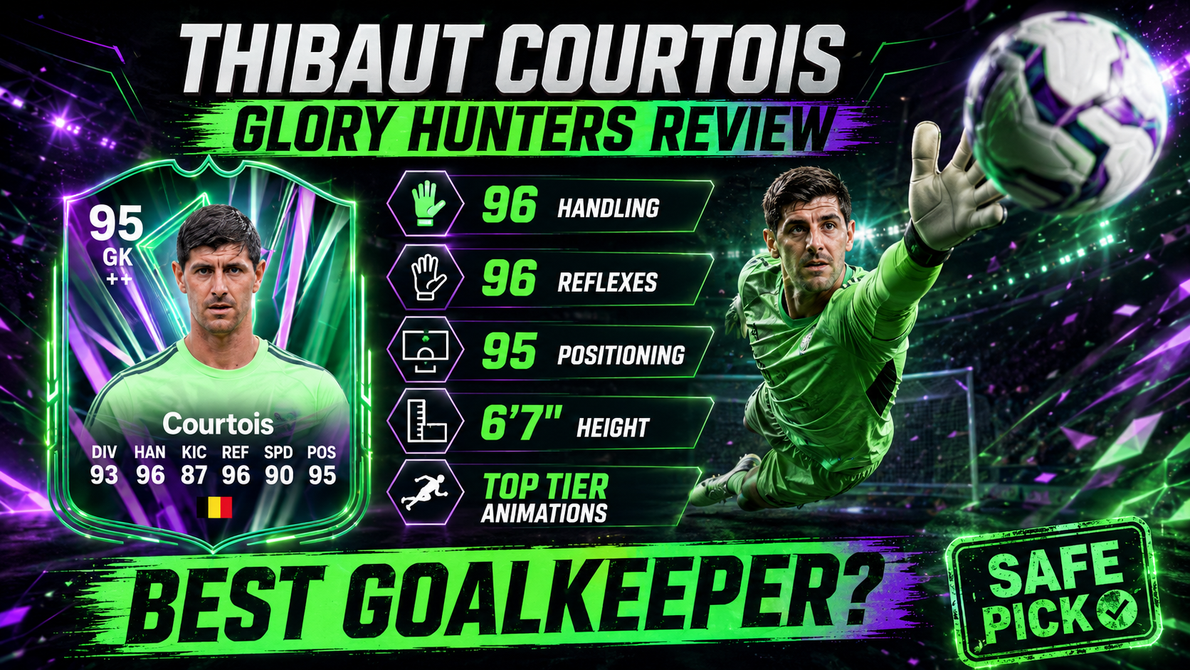 Thibaut Courtois Glory Hunters goalkeeper review in FC 26, highlighting his height, reflexes, positioning and status as one of the best keepers in the game.