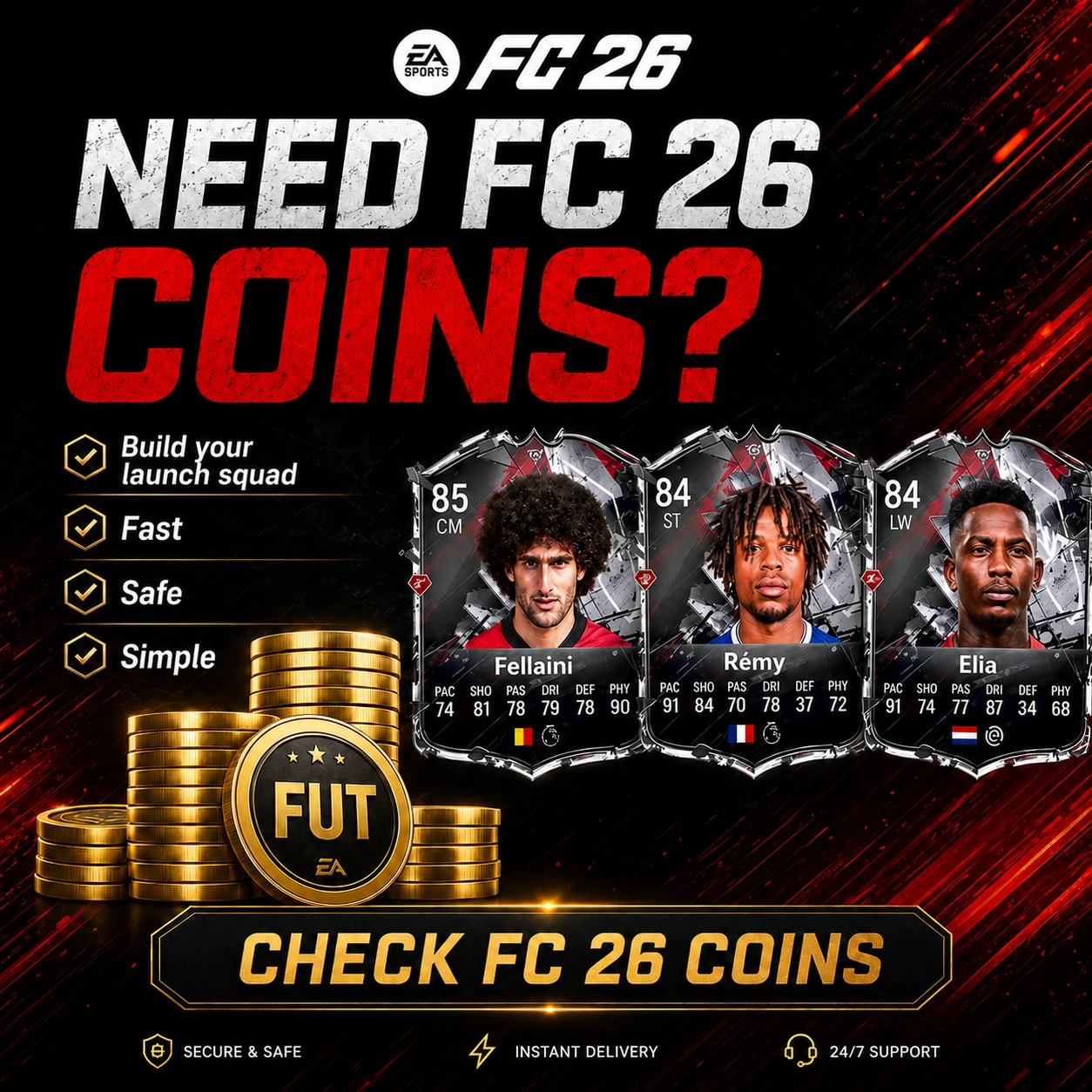 Imagen CTA de FutBuy para monedas de FC 27 que muestra las mejoras del Salón de FUT y la construcción del equipo de lanzamiento de Ultimate Team.