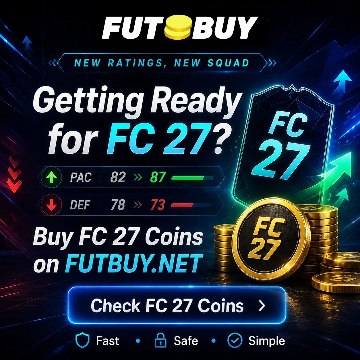 FUTBUY FC 27 Coins banner featuring player rating upgrades, downgrades and a new Ultimate Team squad