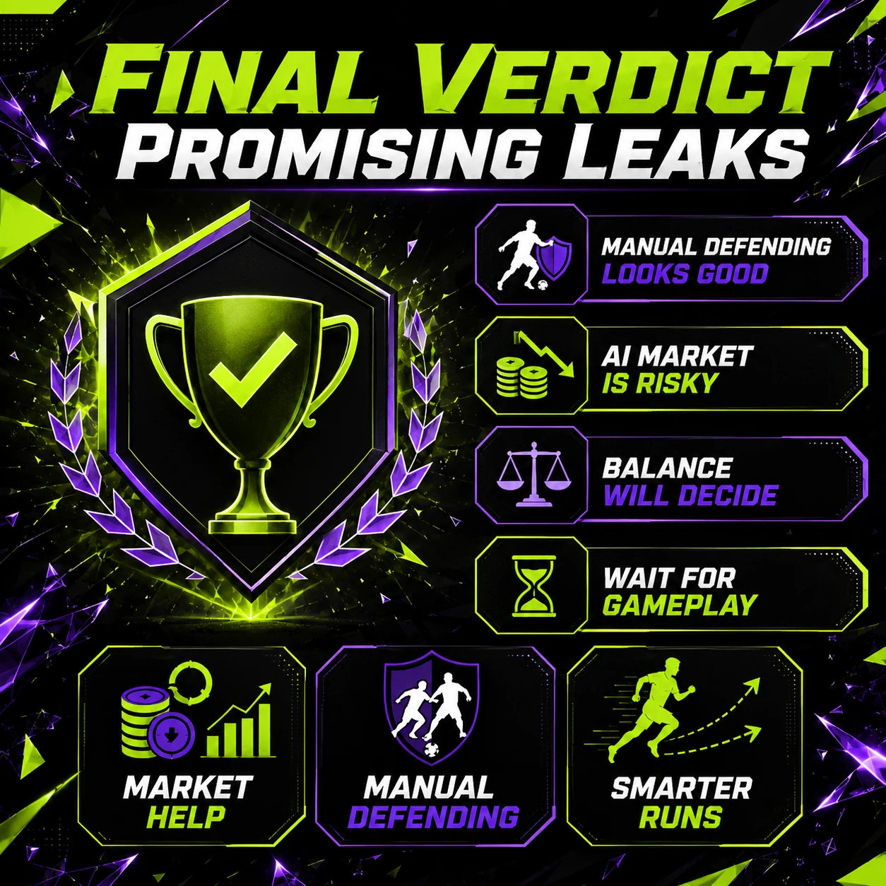 EA FC 27 leaked changes final verdict graphic summarizing manual defending, AI market risks and gameplay balance concerns.