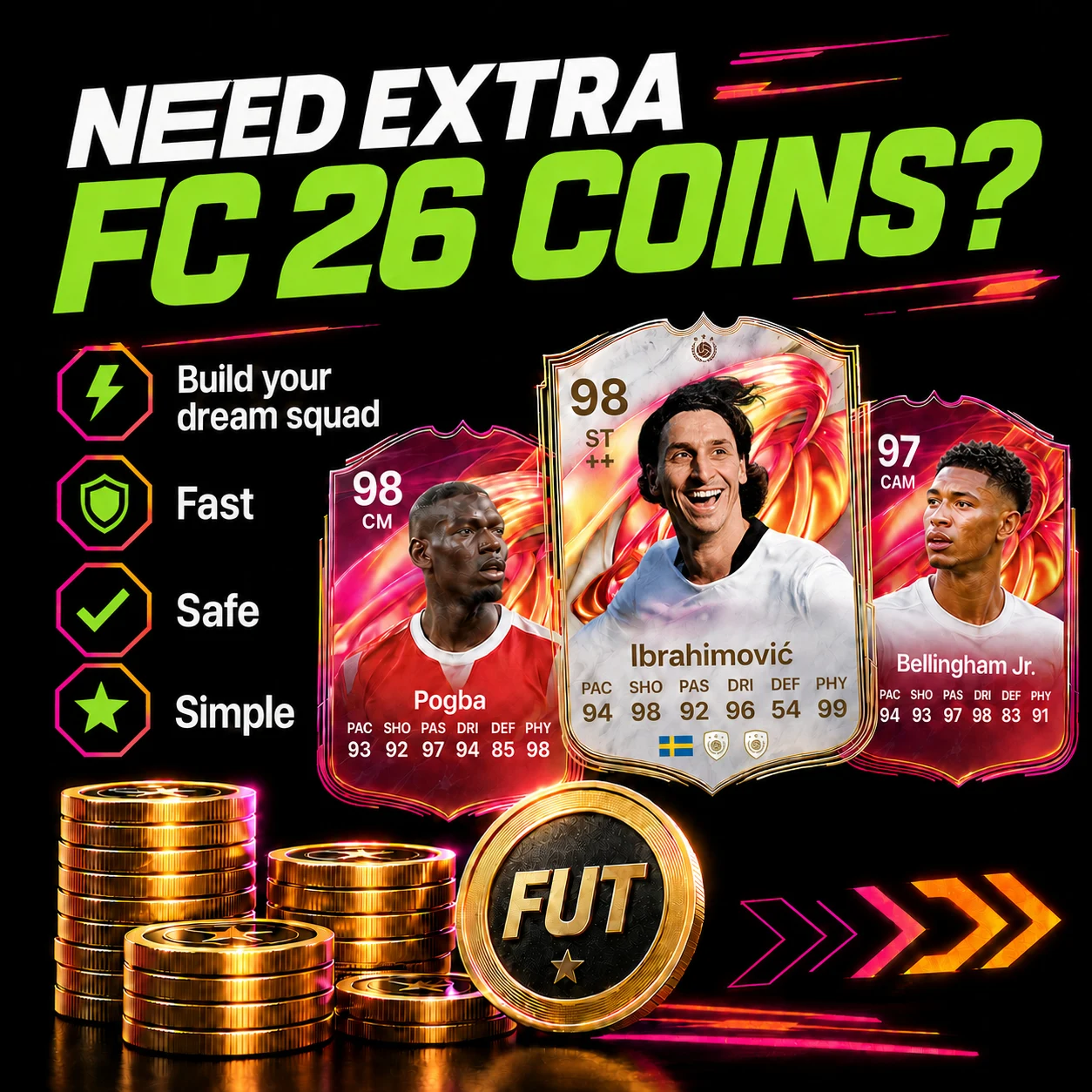 FutBuy CTA-Bild für FC 26 Coins mit FUTTIES-Promo-Upgrades, Icons und benutzerdefinierten PlayStyle-Karten.