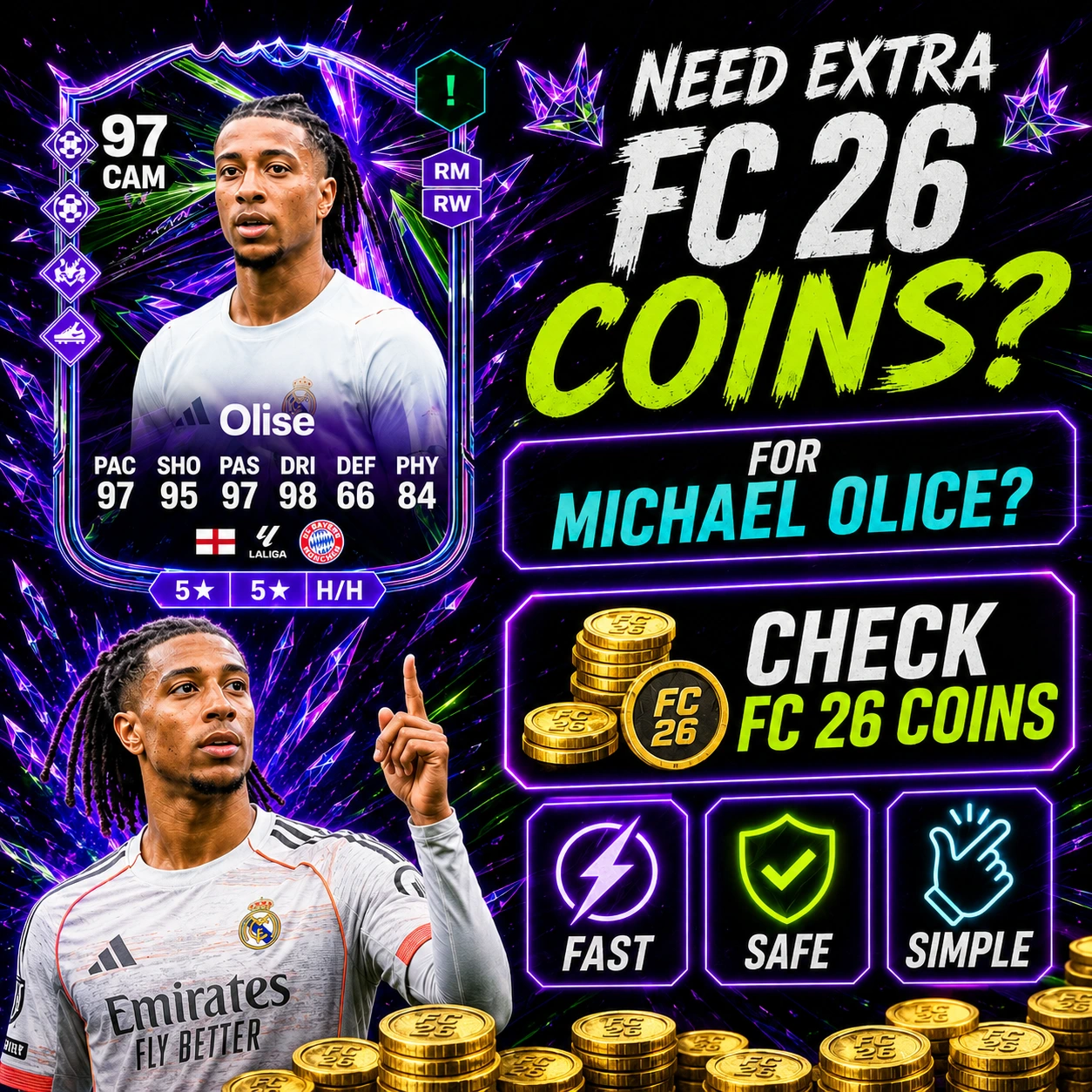 FutBuy CTA image for FC 26 coins showing Michael Olise as a Summer Stars upgrade.
