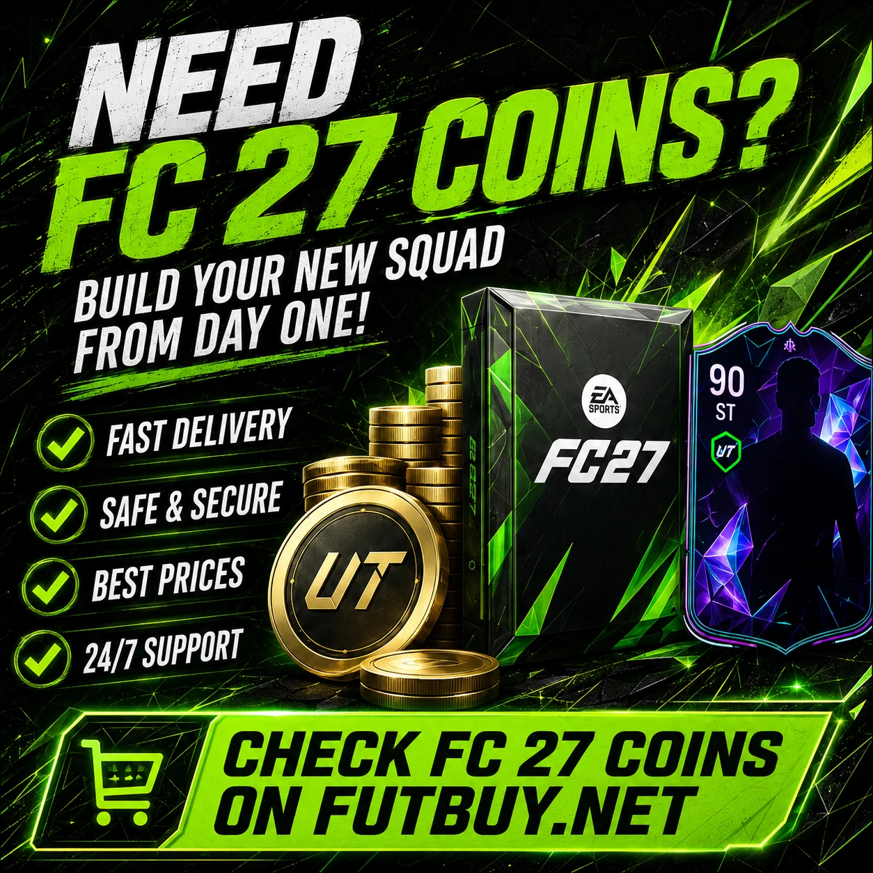 FutBuy CTA image for FC 27 coins showing a new Ultimate Team squad start with coins, packs and edition bonuses.