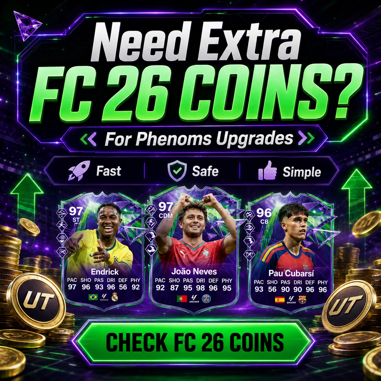 FutBuy CTA image for FC 26 coins, showing Festival of Football Phenoms upgrades including Endrick, João Neves and Pau Cubarsí.