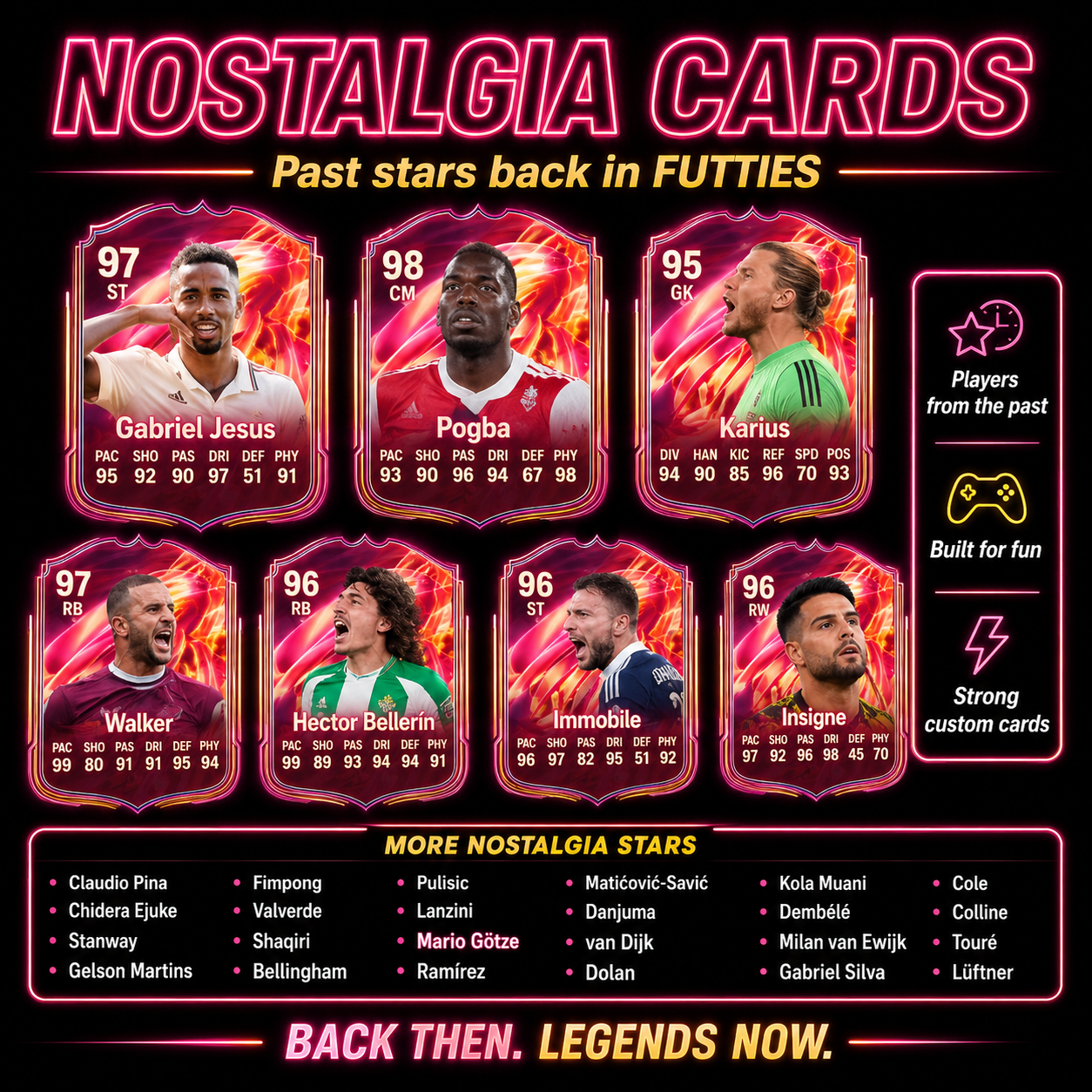 Gráfico de FC 26 FUTTIES que muestra jugadores de hype pasados como Gabriel Jesus, Pogba, Walker, Götze, Insigne y Shaqiri.