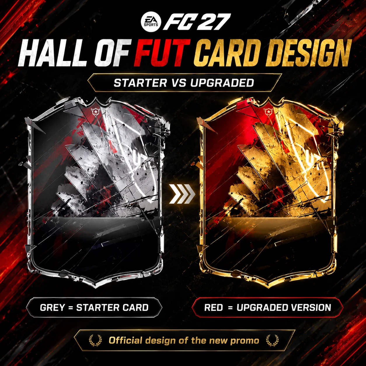FC 27 Hall of FUT card design graphic explaining grey starter versions and red upgraded versions.