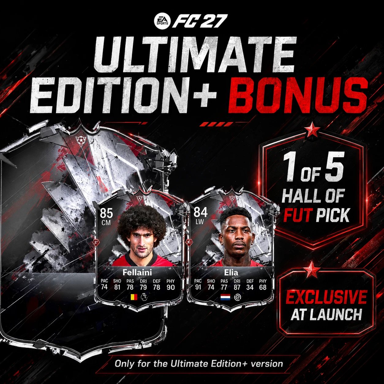 FC 27 Hall of FUT Ultimate Edition Plus graphic explaining why the 1 of 5 pick could increase the value of the premium edition.