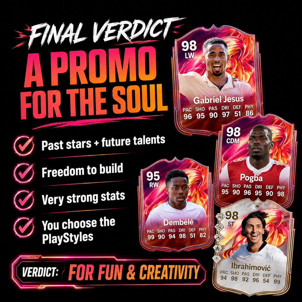 Gráfico del veredicto final de FC 26 FUTTIES que califica la promo como una promo para el alma con PlayStyles pasados, futuros y personalizados.
