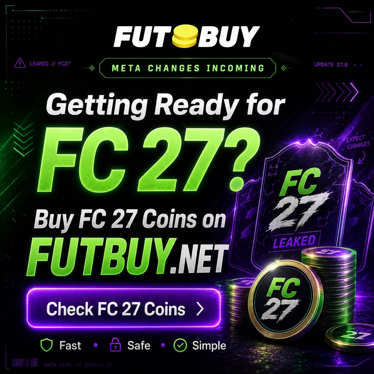 Banner de monedas FUTBUY FC 27 para adaptar un equipo de Ultimate Team a los cambios filtrados de jugabilidad y mercado