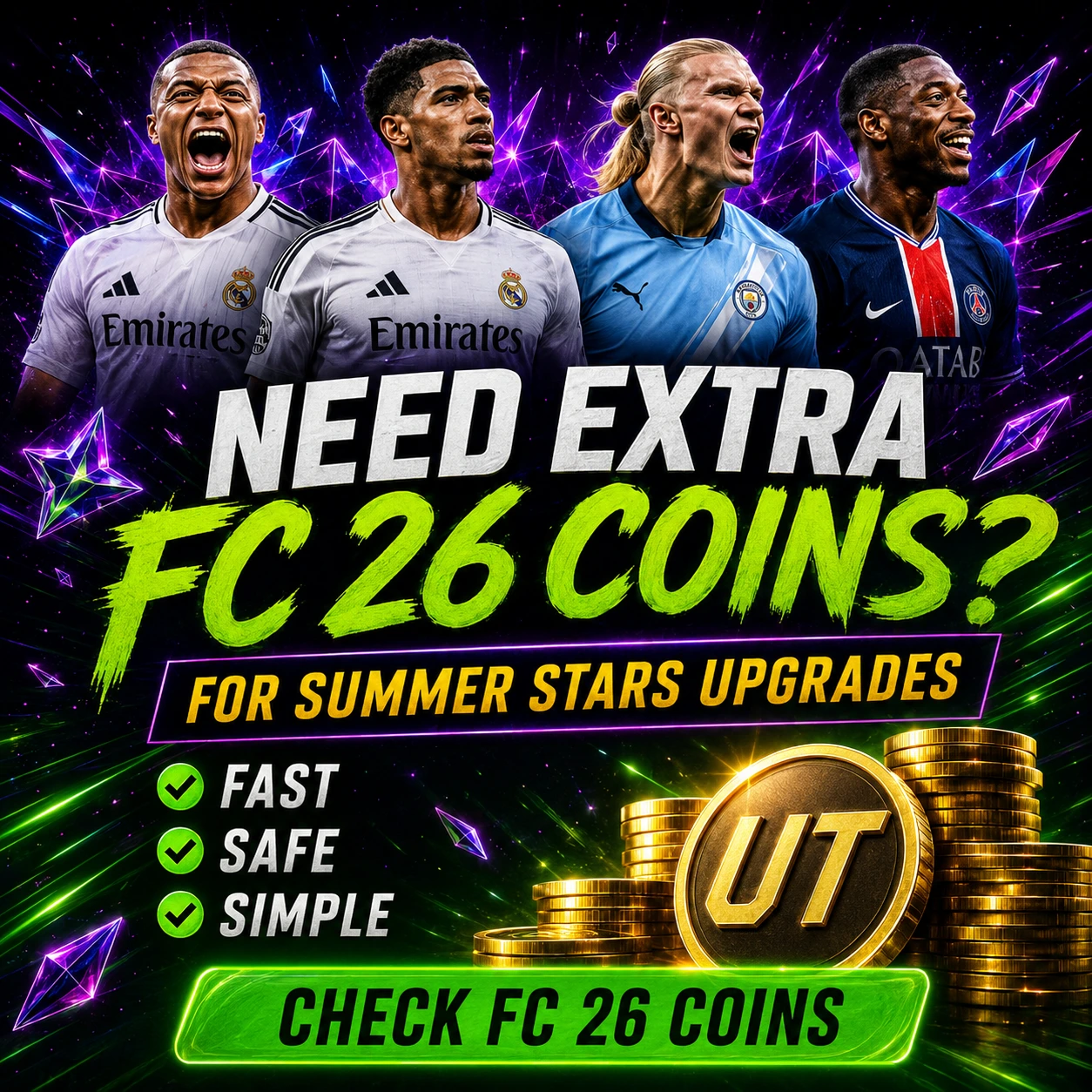 FutBuy CTA image for FC 26 coins, showing premium Summer Stars upgrades including Mbappé, Bellingham, Haaland and Dembélé.