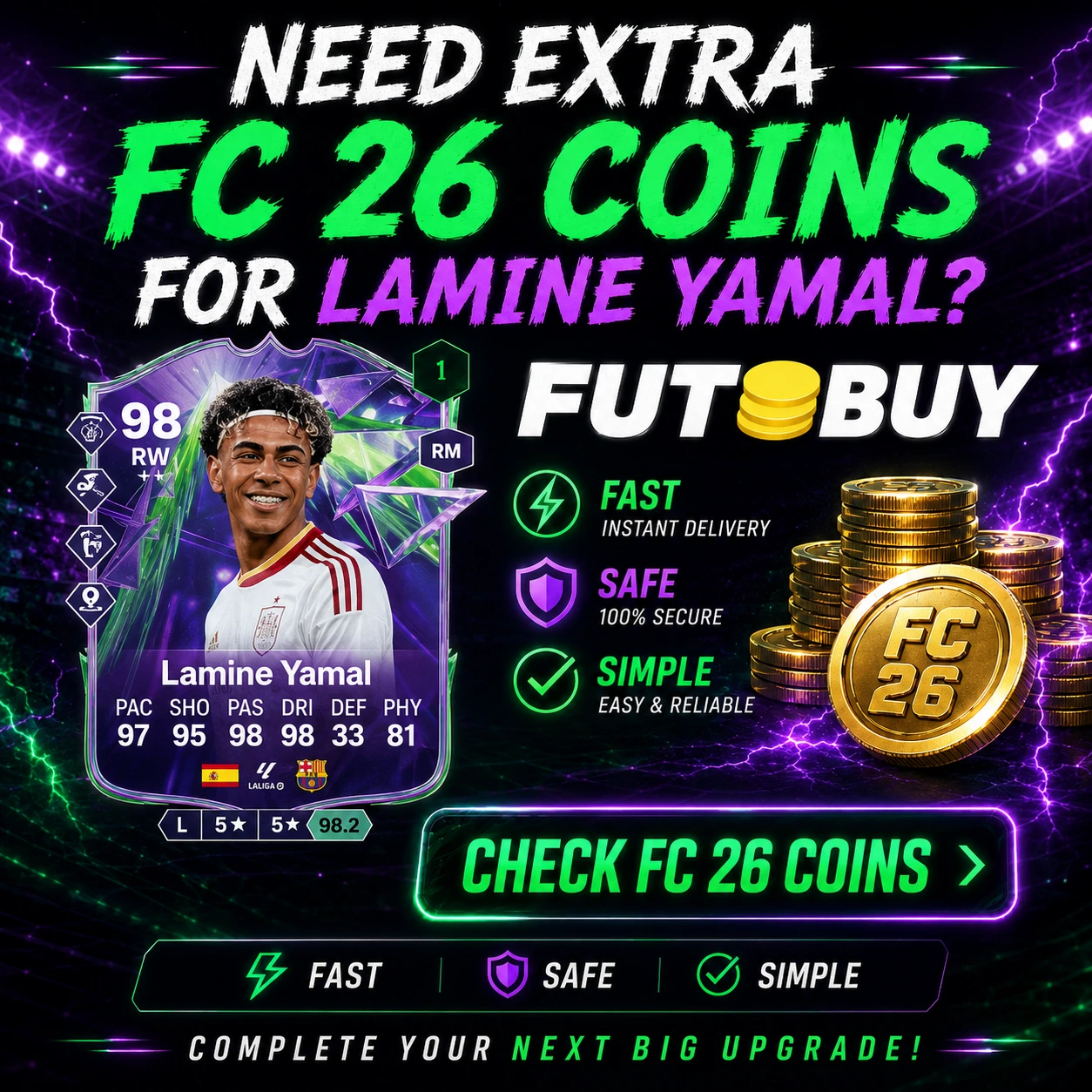 Immagine CTA di FutBuy per le monete FC 26, che mostra Lamine Yamal come upgrade premium del Festival of Football Phenoms.