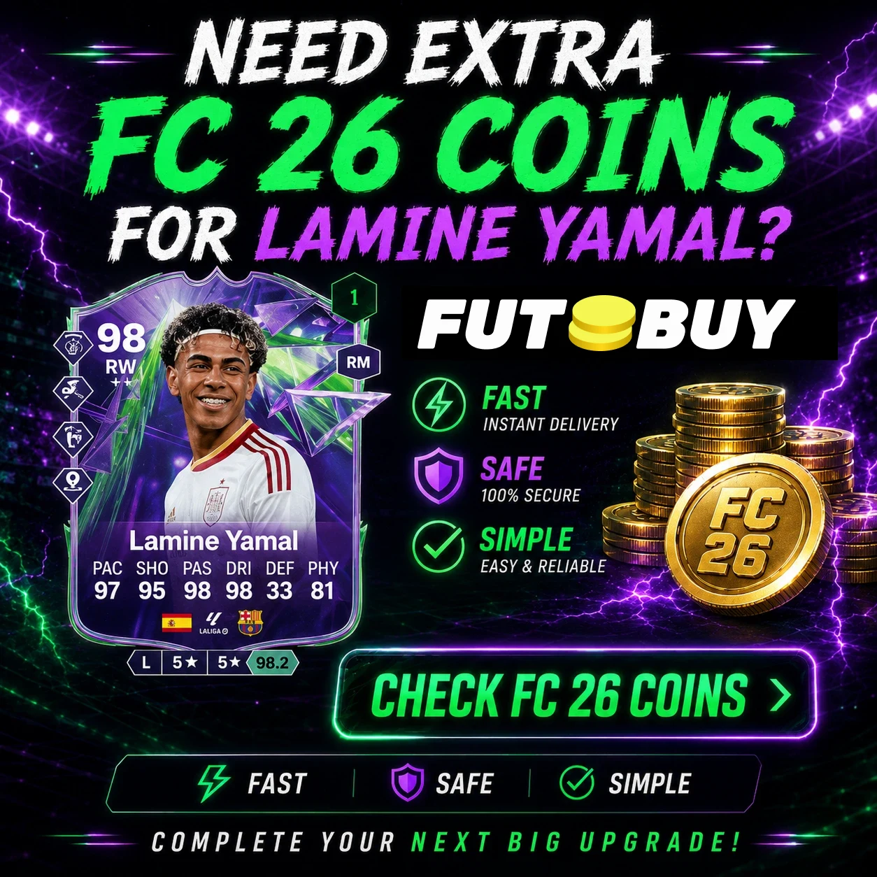 FutBuy CTA image for FC 26 coins, showing Lamine Yamal as a premium Festival of Football Phenoms upgrade.