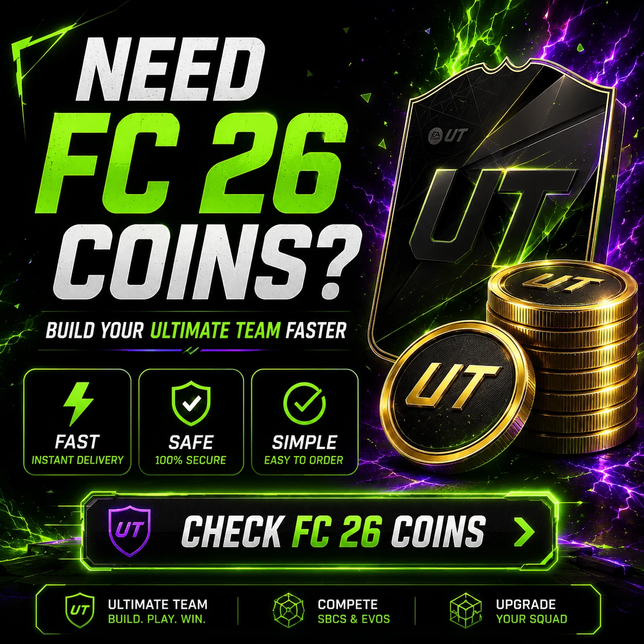 Imagen CTA de FutBuy para monedas de FC 26 antes del lanzamiento de FC 27 que muestra mejoras del equipo de Ultimate Team.