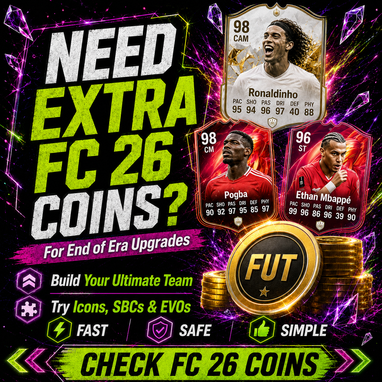 FutBuy CTA image for FC 26 coins showing Ultimate Team upgrades, Evolutions, promo cards and late cycle squad building.