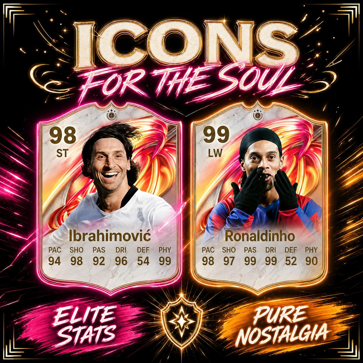Gráfico de iconos FUTTIES de FC 26 con Zlatan Ibrahimović y Ronaldinho como cartas premium emocionales de final de juego.