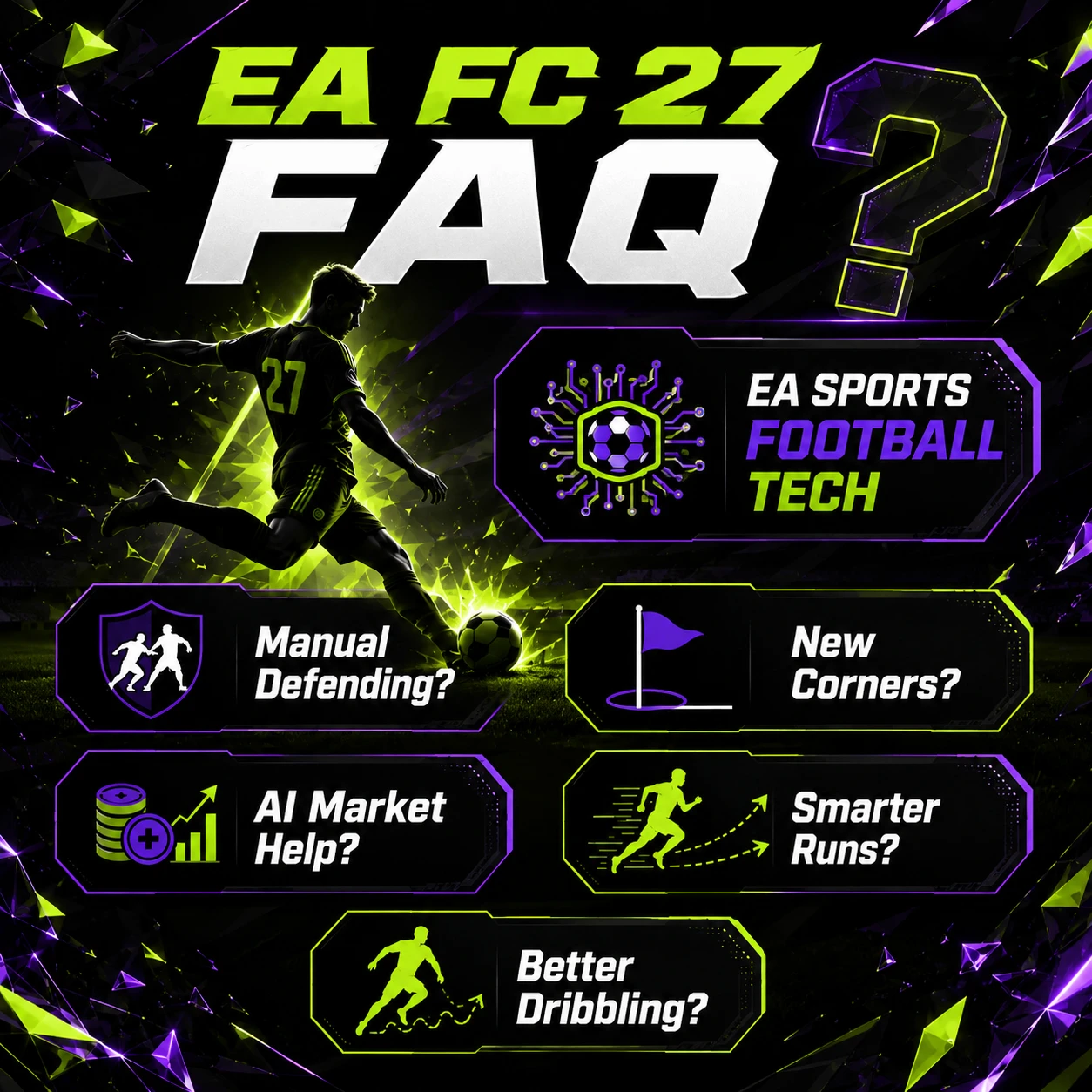 EA FC 27 leaked changes FAQ graphic answering questions about manual defending, corners, dribbling, AI market help and Pro Clubs updates.