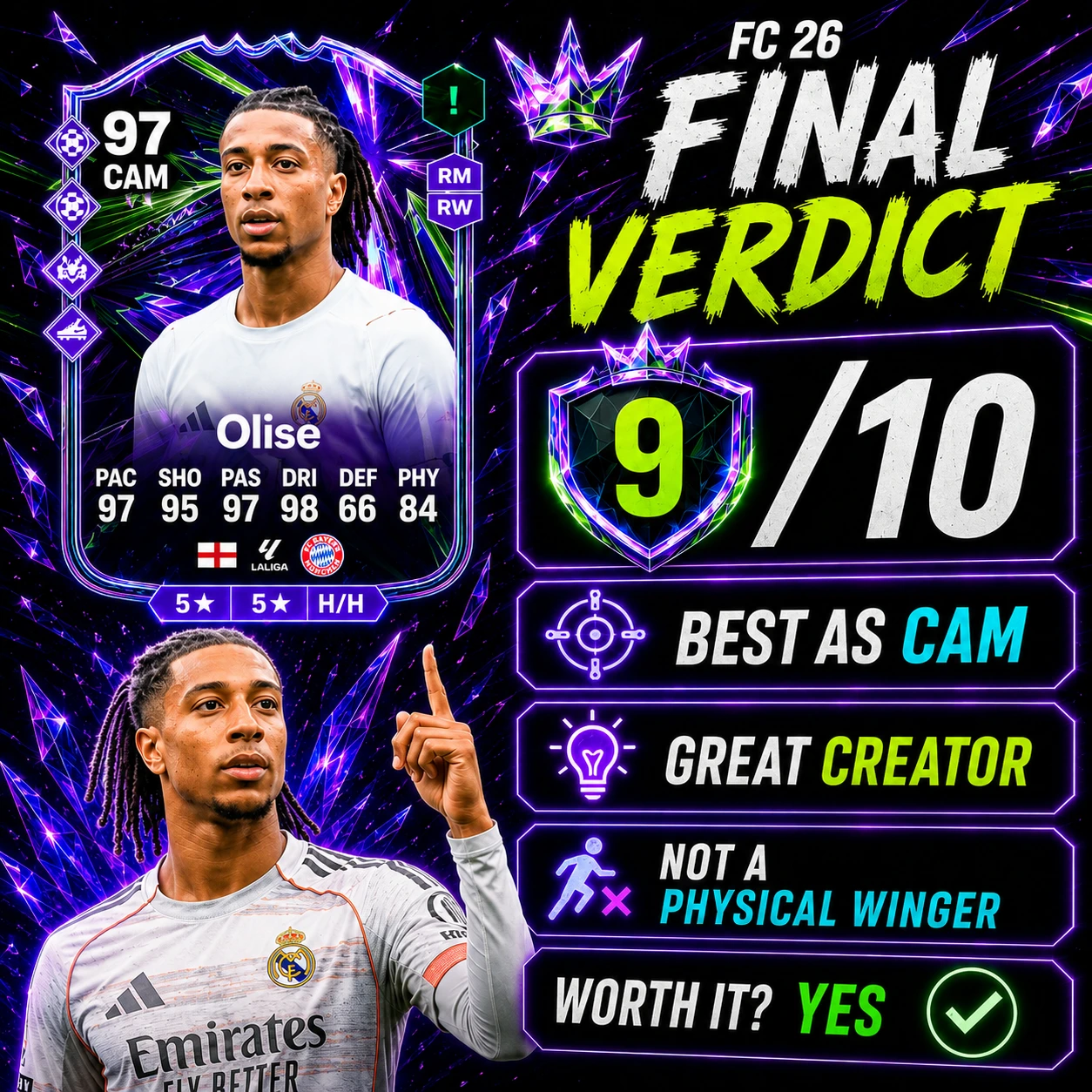 Michael Olise Summer Stars final verdict in FC 26 rating him 9 out of 10 and recommending him as a CAM.