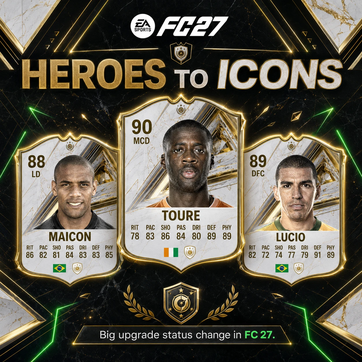FC 27 Heroes to Icons graphic showing Touré, Maicon and Lúcio upgraded from Hero cards to Icon cards.