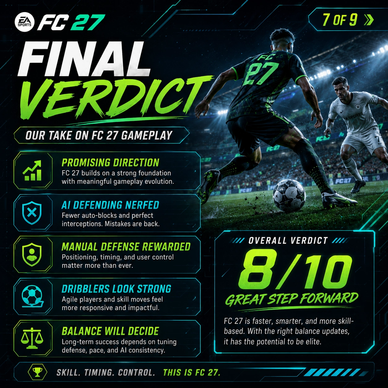 FC 27 gameplay changes final verdict graphic summarizing manual defending, dribbling, weather and attacking runs.