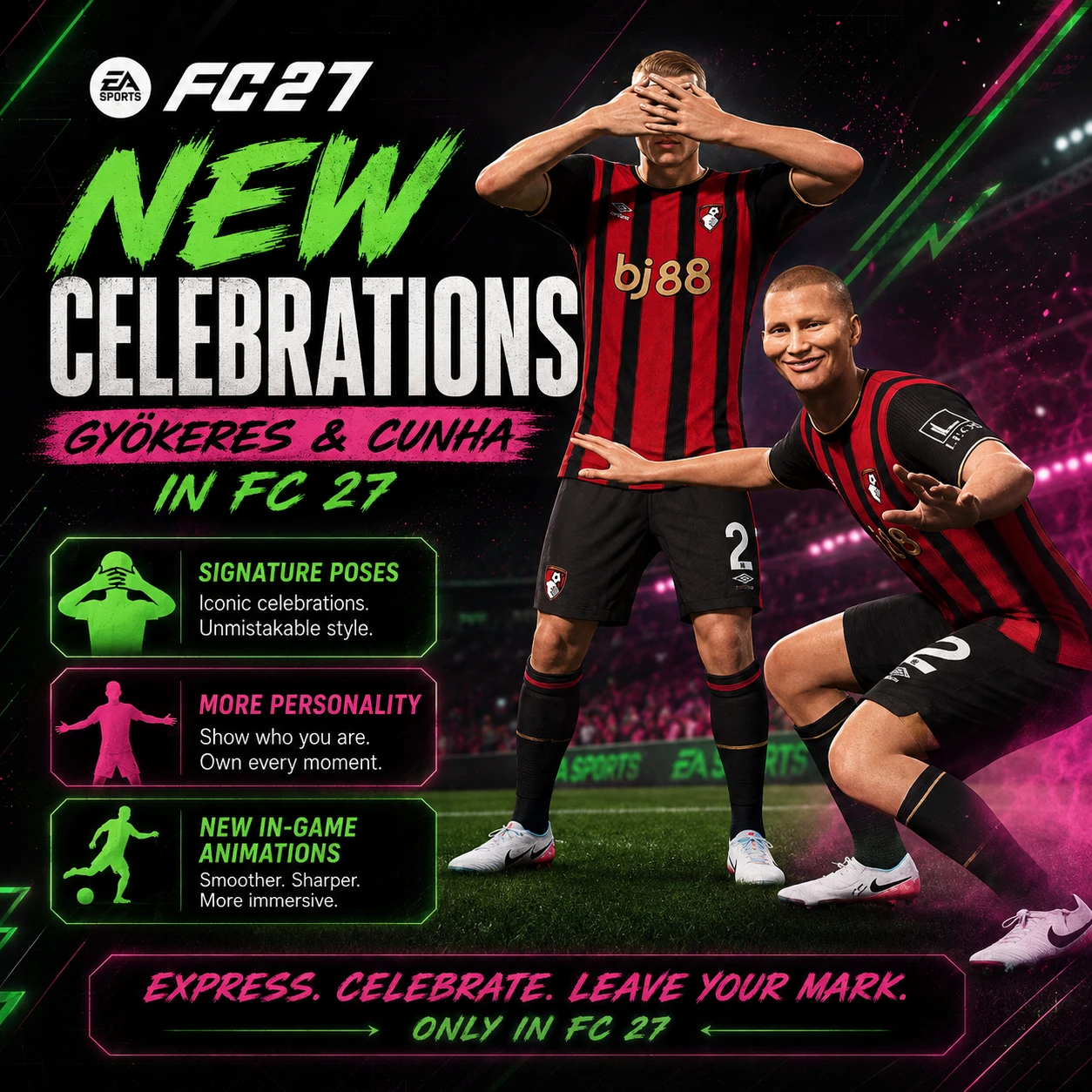 FC 27 nuova grafica delle esultanze che mostra le animazioni delle celebrazioni in stile Gyökeres e Cunha.