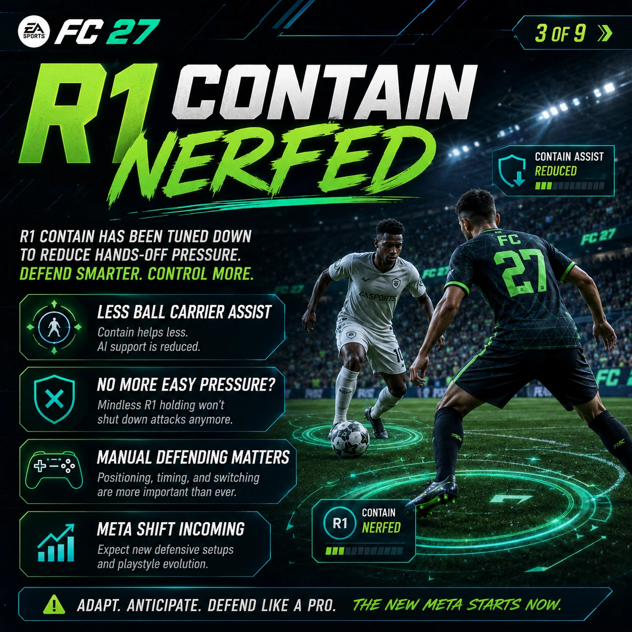 FC 27 R1 contain meta nerf graphic explaining weaker assistance when containing the opponent with the ball.