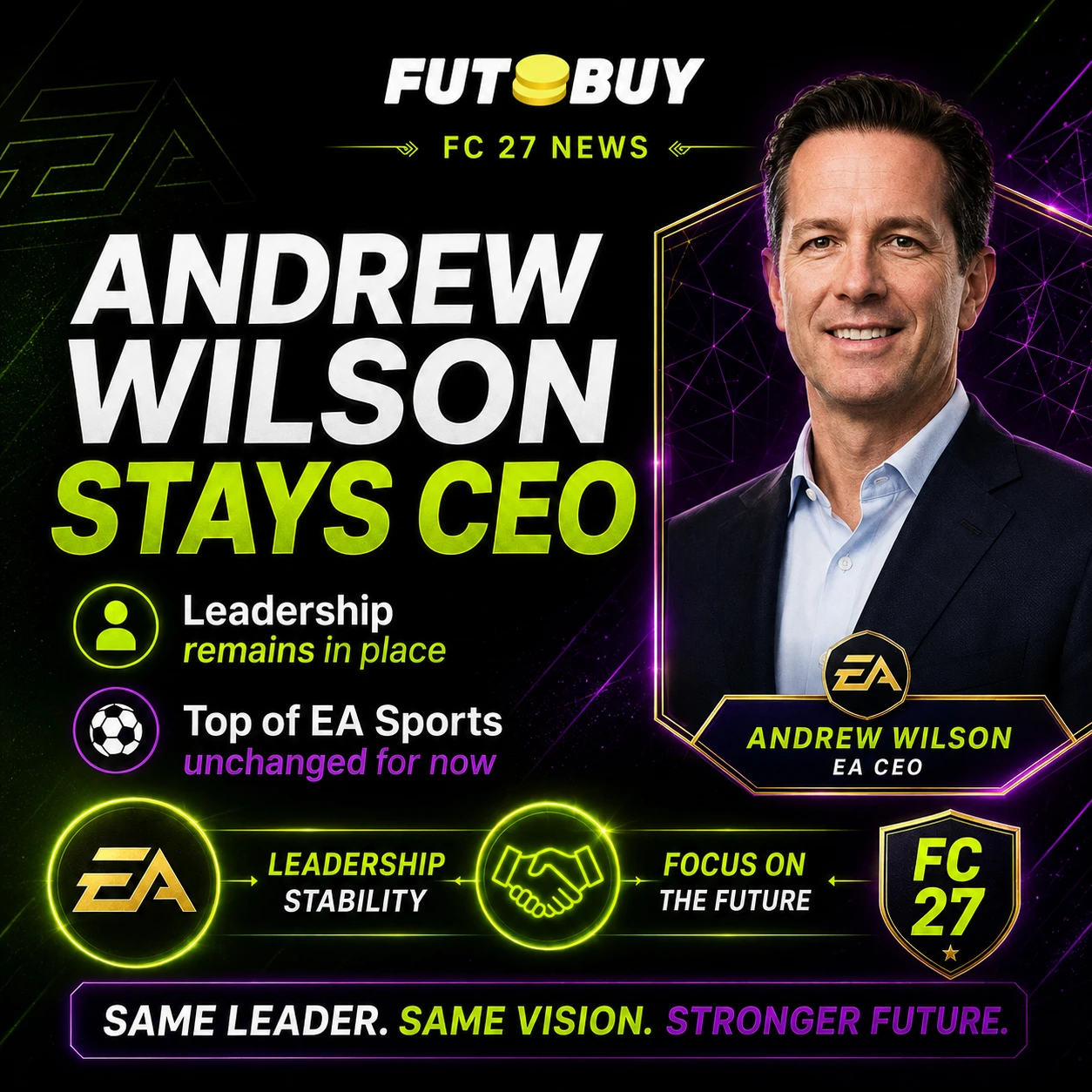 Andrew Wilson rimane CEO di EA, grafico che mostra la continuità nella leadership di EA dopo la vendita da 55 miliardi di dollari.