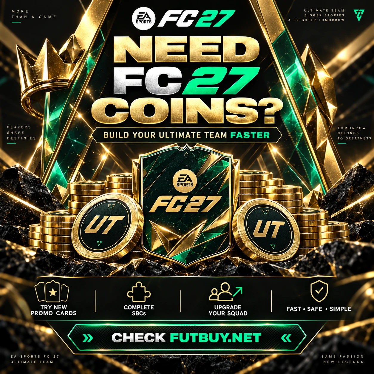 FutBuy FC 27 coins CTA graphic for Ultimate Team players who want to build their squad, complete SBCs, try promo cards and upgrade faster.