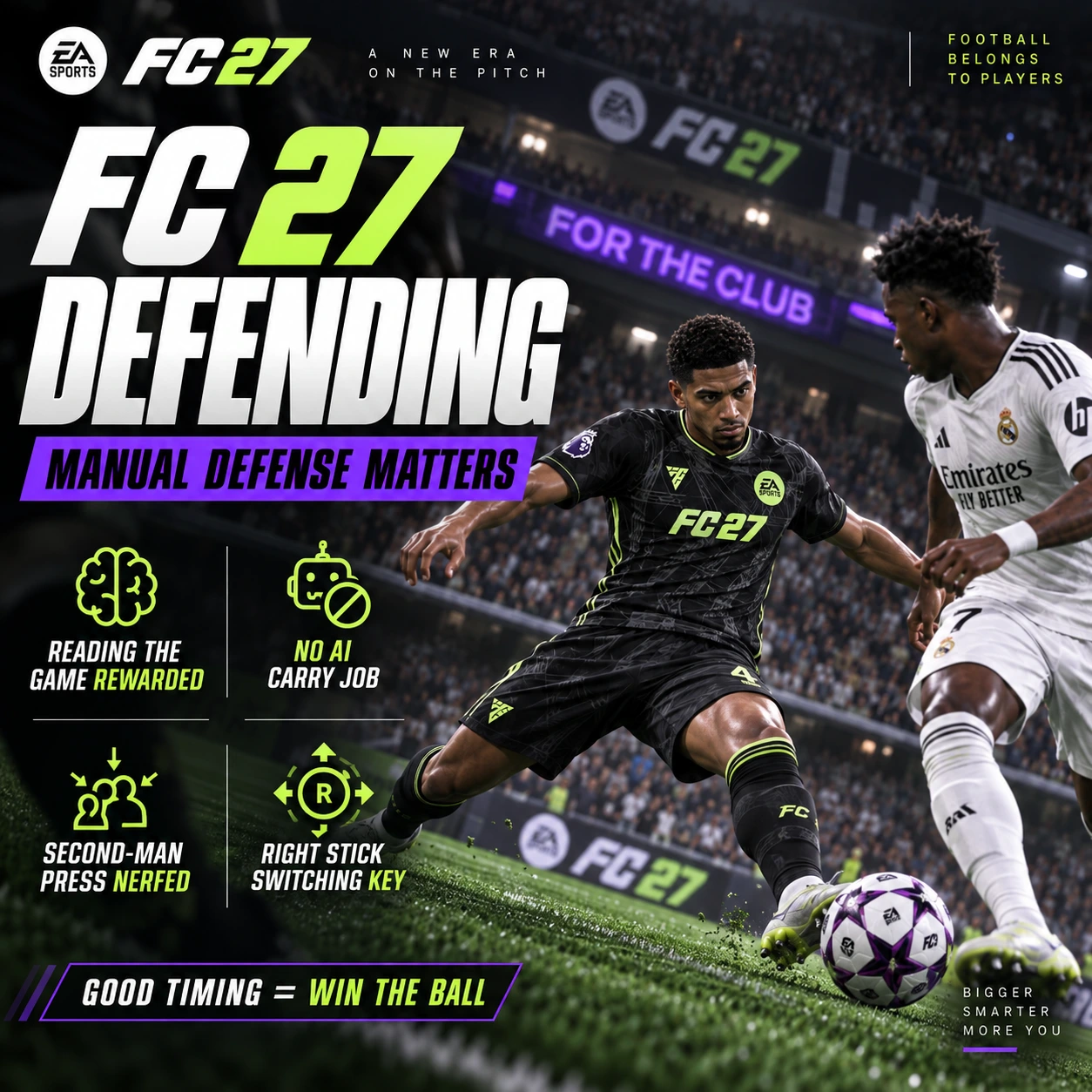 Grafica difensiva di FC 27 che mostra la difesa manuale, la lettura del gioco, una IA difensiva più debole, il nerf del pressing con il secondo uomo e il cambio con lo stick destro.
