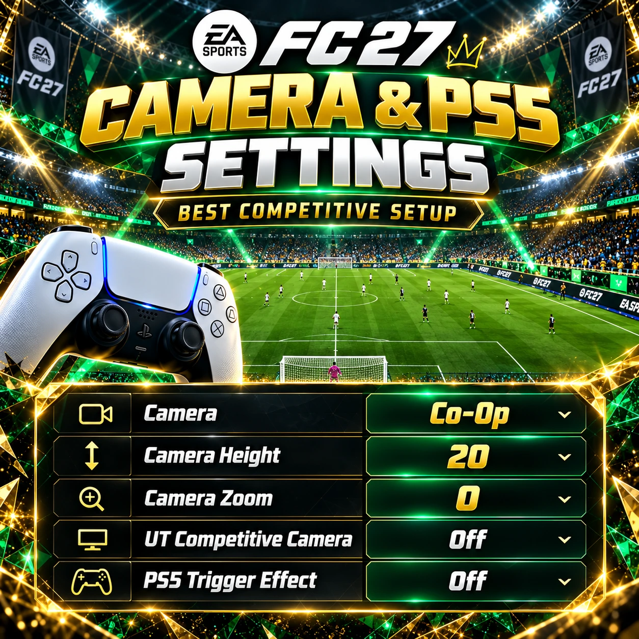 FC 27 empfiehlt Co-Op Kamerahöhe 20 Zoom 0, UT Competitive Kamera Aus und PS5 Trigger-Effekt Aus.