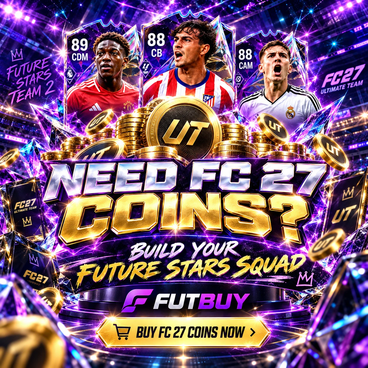 Image promotionnelle de FUTBUY FC 27 coins mettant en vedette les cartes Future Stars Team 2, des pièces Ultimate Team et des graphiques de football néon violets.