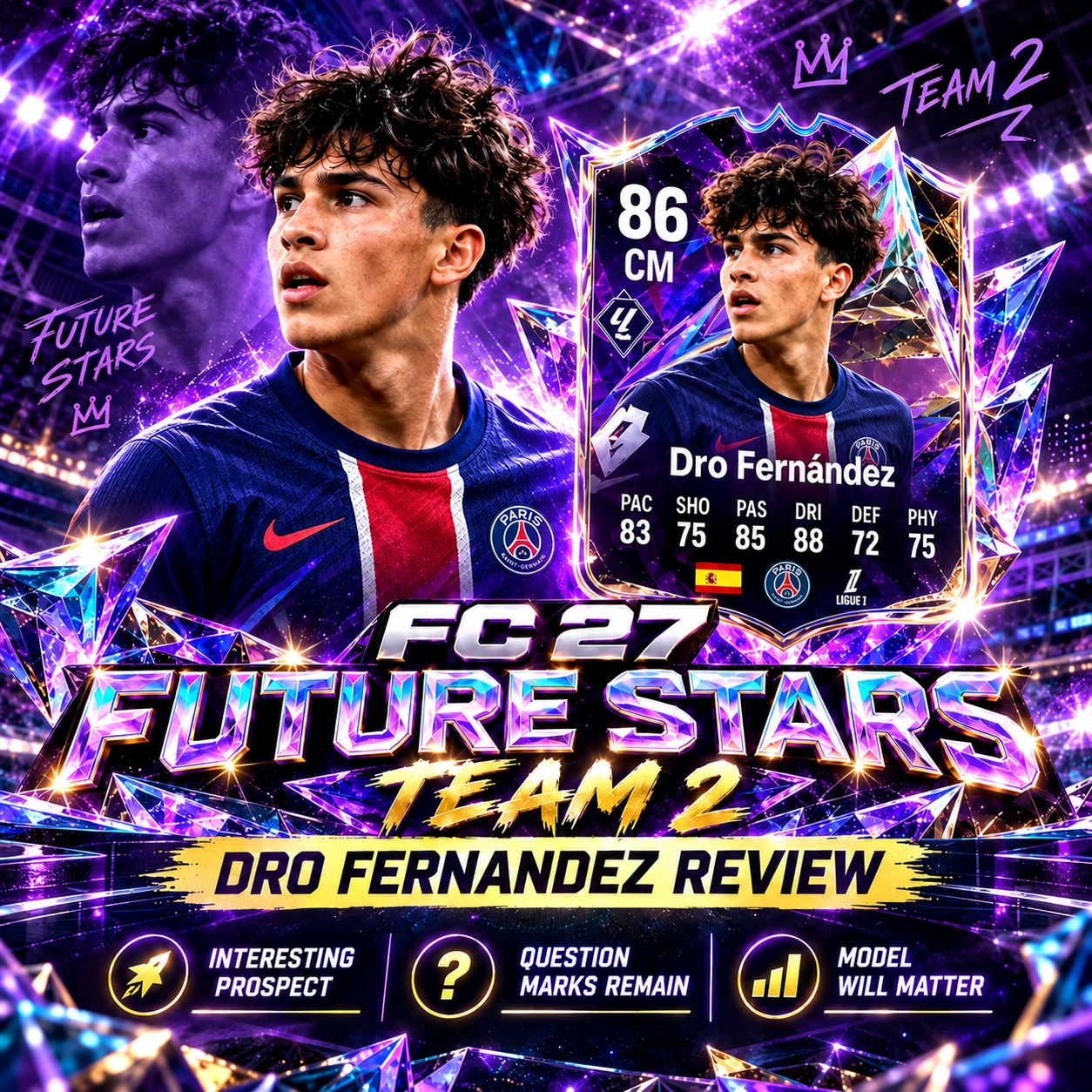 Une carte CM Future Stars de FC 27 Dro Fernández notée 86 prédite dans un design aux couleurs du PSG, mettant en lumière des questions sur son tir, sa défense et son efficacité en jeu.