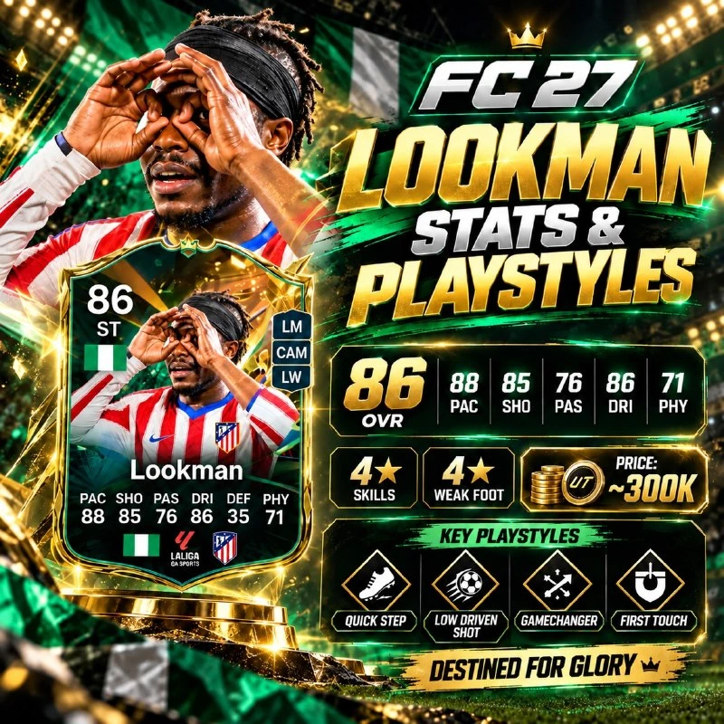 FC 27 Lookman 86-bewertete Destined for Glory-Karte mit 88 Tempo, 85 Schuss, 86 Dribbling sowie den PlayStyles Schnellschritt und Flacher Schuss