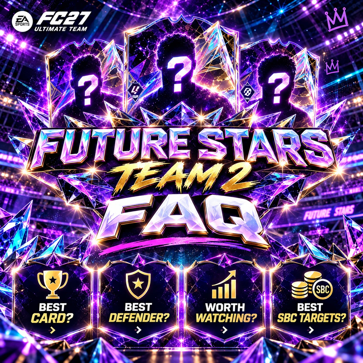 FAQ graphique de l'équipe 2 des FC 27 Future Stars couvrant la sortie du 16 octobre, les meilleurs joueurs leakés, les cartes SBC, les statistiques prédites et les améliorations potentielles.