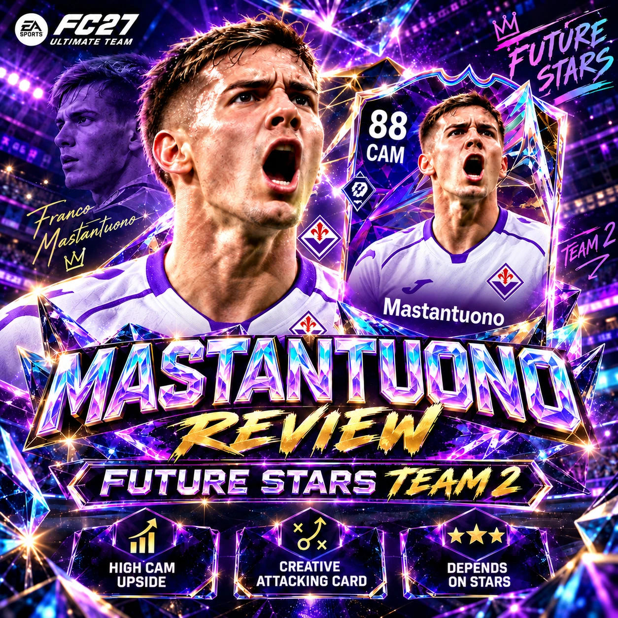 FC 27 Franco Mastantuono Future Stars carte CAM prédite 88 en design aux couleurs de la Fiorentina, mettant en valeur sa créativité et son potentiel d'impact offensif.