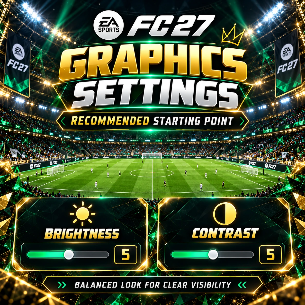 FC 27 empfohlener Grafik-Ausgangspunkt zeigt Helligkeit 5 und Kontrast 5 für ausgewogene Sichtbarkeit.