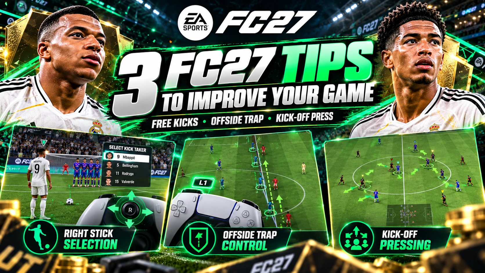 Conseils de gameplay FC 27 avec trois astuces pour la sélection des joueurs sur coup franc, le contrôle du piège hors-jeu et le pressing au coup d'envoi.