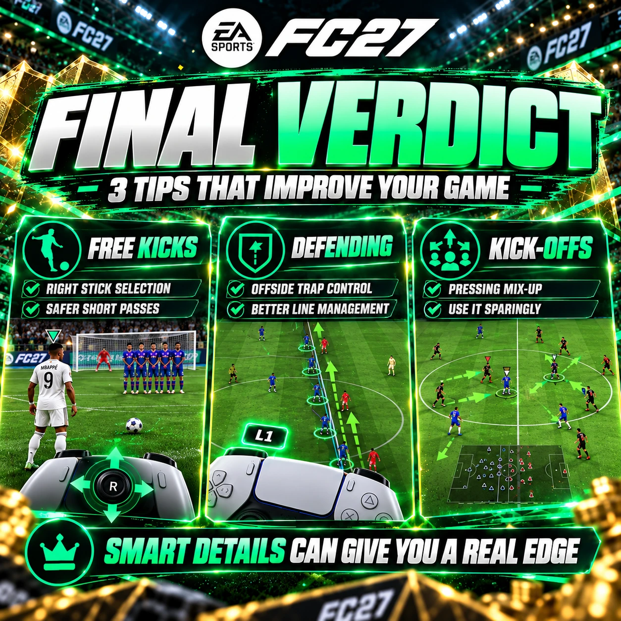 Verdict final des conseils de gameplay FC 27 résumant la sélection des joueurs sur coup franc, la défense en piège de hors-jeu et le pressing stratégique au coup d'envoi.