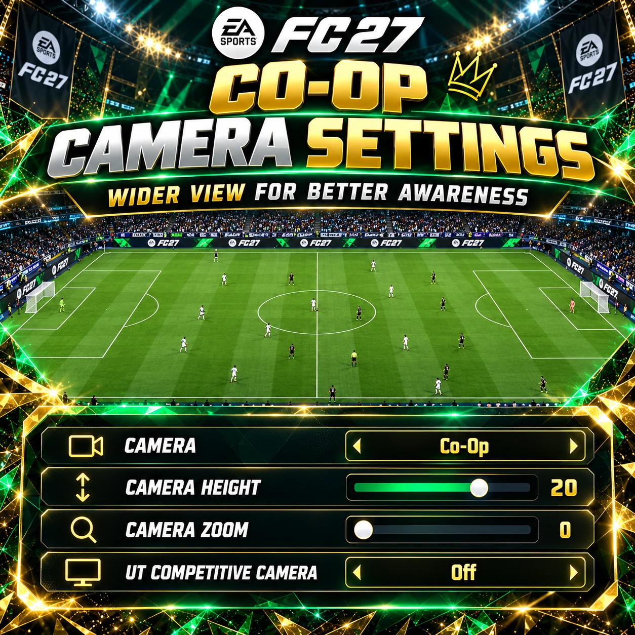 FC 27 Co-Op Kameraeinstellungen mit Höhe 20, Zoom 0 und UT Competitive Camera deaktiviert für eine breitere Spielfeldansicht.