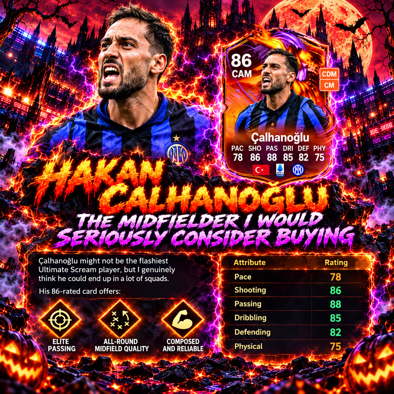 Hakan Çalhanoğlu 86-rated Ultimate Scream card with 88 Passing, 86 Shooting, 85 Dribbling and a breakdown of his midfield attributes