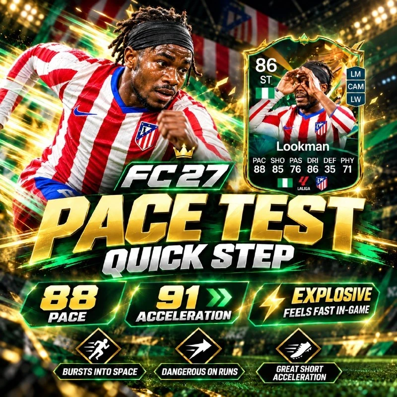 FC 27 Ademola Lookman Tempo-Test zeigt 88 Tempo, 91 Beschleunigung, Explosive Beschleunigung und Quick Step PlayStyle