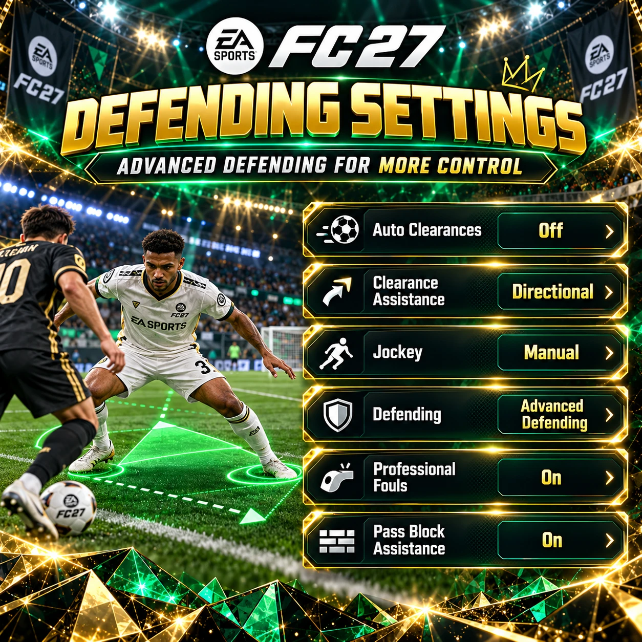 FC 27 Verteidigungseinstellungen zeigen Erweitertes Verteidigen, Manuelles Jockeying, Pass-Block-Unterstützung Ein und Direktionale Klärungsaktionen.
