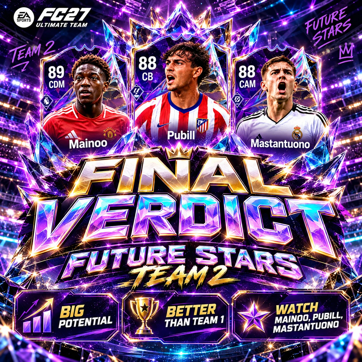 Verdict final de l'équipe 2 des FC 27 Future Stars mettant en avant Mainoo, Pubill, Mastantuono, Brown et Hato comme des cartes prometteuses à surveiller.