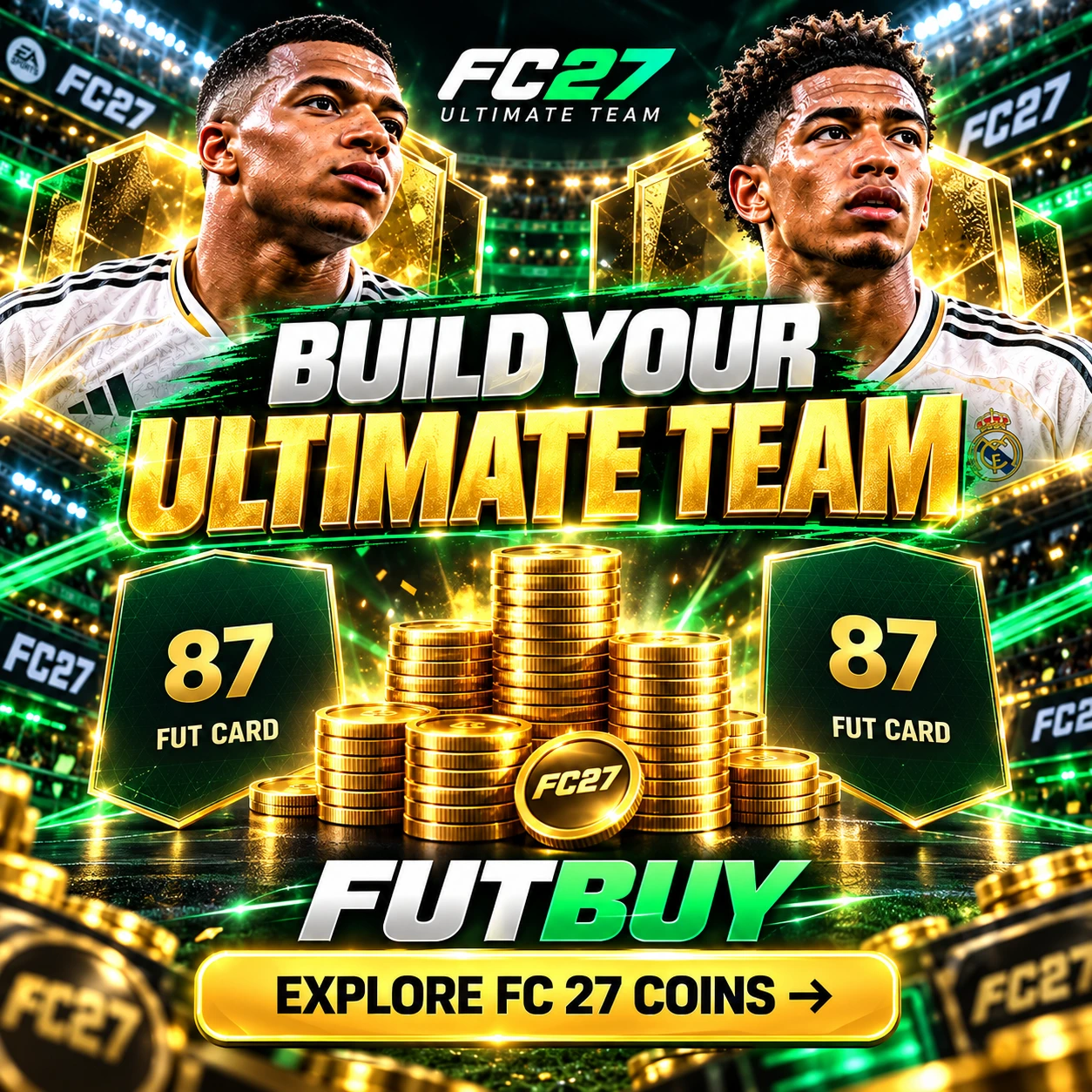 Gráfico promocional de monedas FUTBUY FC 27 con cartas de jugadores de Ultimate Team, monedas de oro y un tema de mejora de plantilla.