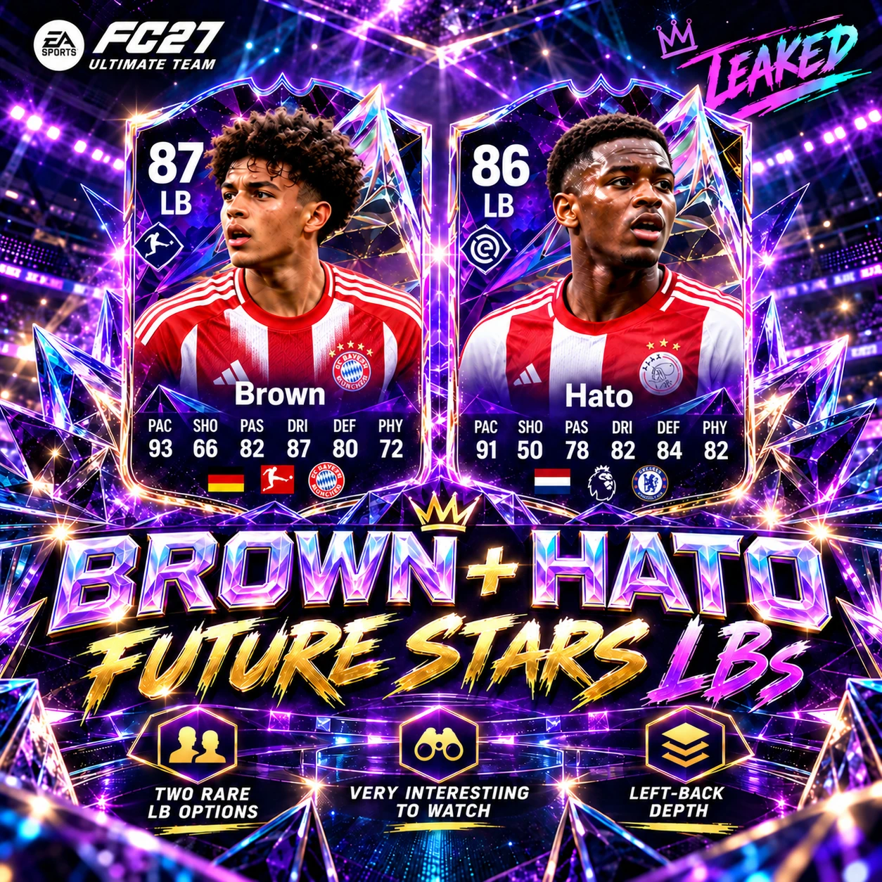 Comparaison entre FC 27 Future Stars Nathaniel Brown 87 LB et Jorrel Hato 86 LB, mettant en avant deux options prometteuses de défenseur gauche pour Ultimate Team.