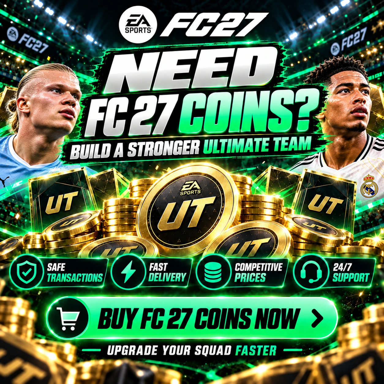 Image promotionnelle de FUTBUY FC 27 coins mettant en vedette des joueurs de football, des pièces Ultimate Team et des améliorations d'équipe.