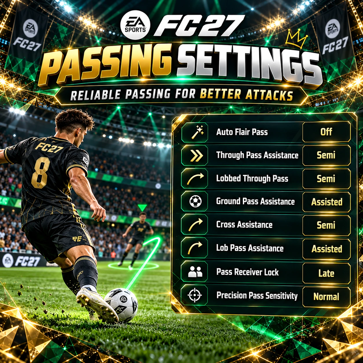 FC 27 beste Passeinstellungen mit Halbautomatischen Steilpässen, Assistierten Flachpässen, Halbautomatischen Flanken und Später Passempfänger-Sperre.