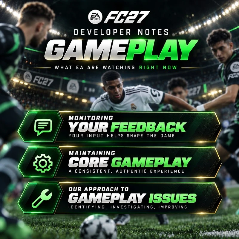 Official EA FC 27 Gameplay Developer Notes graphic highlighting player feedback, core gameplay and the approach to gameplay issues